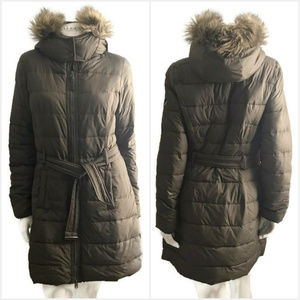 A&F Fleece Lined Khaki Mid-Length Puffer Coat Hooded Size L